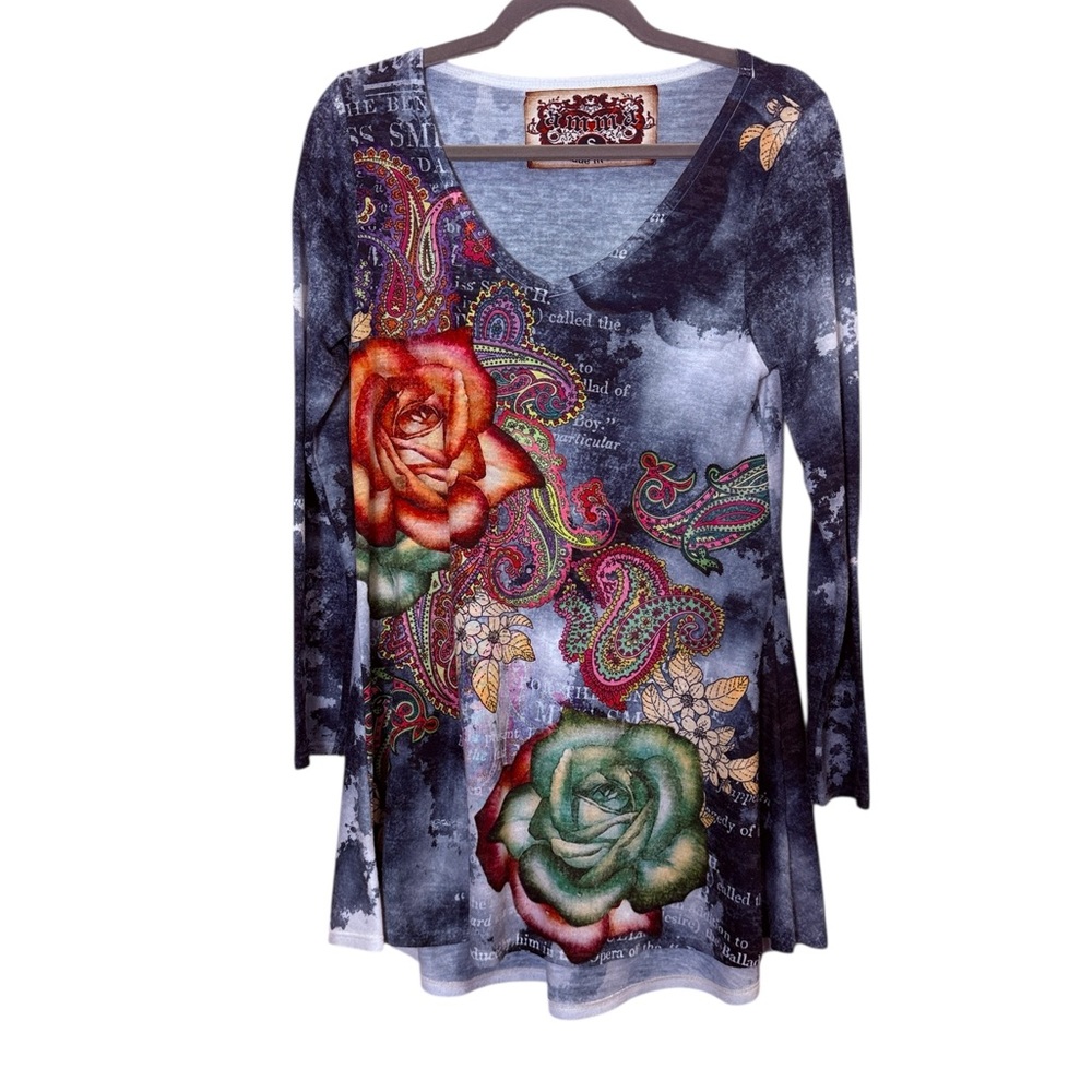 Amma Made in LA Women’s Y2K Style V-Neck Tunic with Floral Design sz S